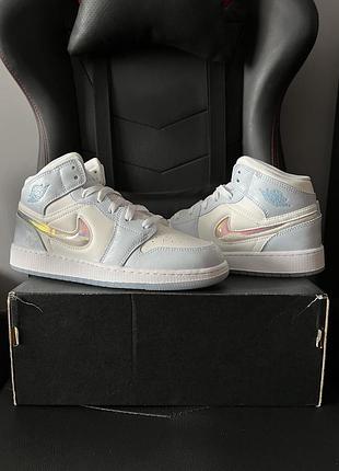 Air jordan 1 mid se gs 'glitter swoosh' beige light blue fq9117-400
