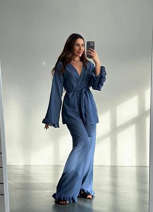 Костюм жіночий лляний оверсайз кімоно з поясом штани вільного крою на високій посадці якісний