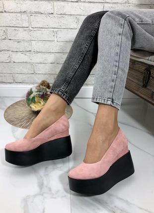 35-41 рр. туфли натуральная кожа/ замша на танкетке черные, белые, красные, серебро, розовые