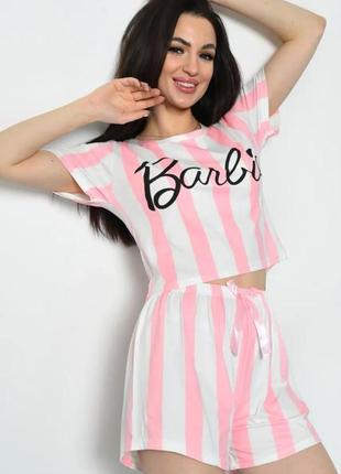Смугаста піжама-двійка з принтом барбі barbie у смужку шорти і футболка