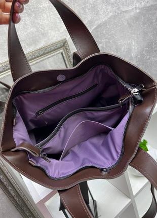 Женская стильная и качественная сумка шоппер из искусственной кожи бежевая7 фото