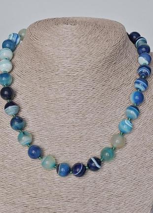 Ожерелье агат синий натуральный камень гладкий шарик d-12,5мм+- l-46х48см+-