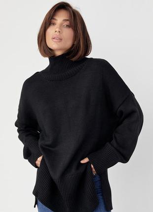 Женский вязаный свитер oversize с разрезами по бокам - черный цвет, s (есть размеры)3 фото