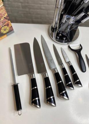 Набор кухонных ножей 9 предметов на подставке крутящейся с ножницами сталь черный для кухни