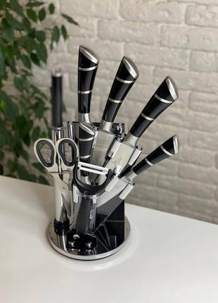 Набор кухонных ножей 9 предметов на подставке крутящейся с ножницами сталь черный для кухни