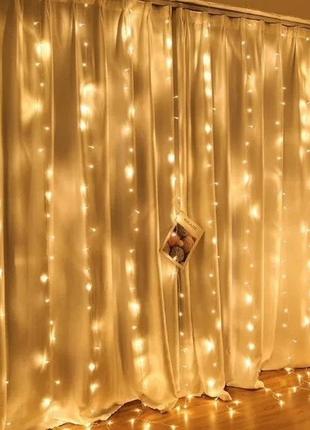 Гірлянда штора водоспад 3х2.6 м 320 led (прозорий шнур з перехідником) золотаве світло