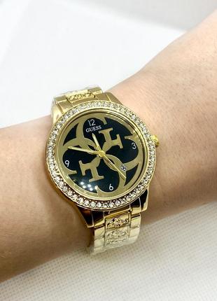 Часы женские наручные guess (гесс), золото с черным циферблатом ( код: ibw895yb )6 фото