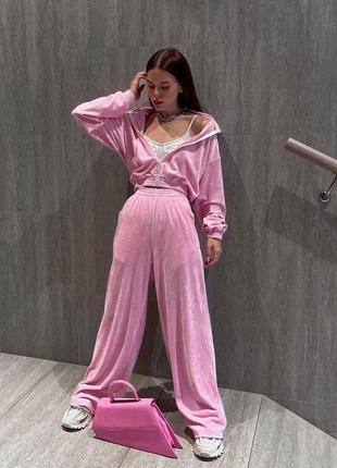 Костюм спортивный женский велюровый кофта на молнии брюки свободного кроя на высокой посадке с карманами на резинке качественный 
розовый графитовый