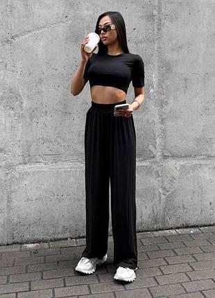 Костюм женский однотонный топ базовый брюки свободного кроя на высокой посадке качественный черный серый
