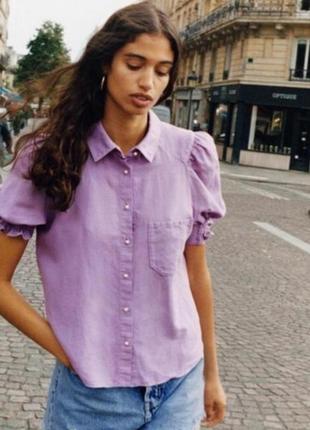Лиловая натуральная блуза с объемными рукавчиками zara