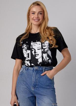 Бавовняна трикотажна футболка з принтом marilyn monroe мерлін монро чорна1 фото