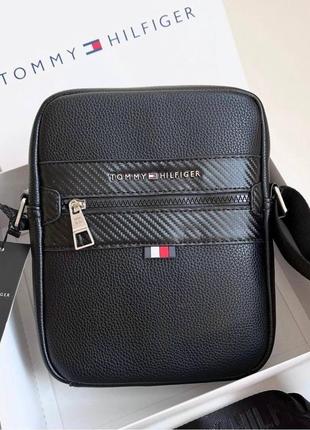 Мужская сумка Tommy hilfiger черная борсетка через плечо / мессенджер на подарок в фирменной коробке