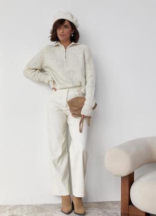 Женский вязаный свитер oversize с воротником на молнии - молочный цвет, l (есть размеры)3 фото