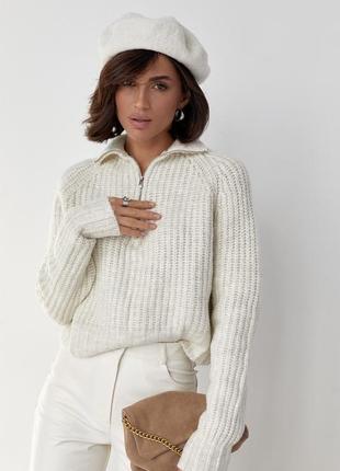 Женский вязаный свитер oversize с воротником на молнии - молочный цвет, l (есть размеры)6 фото