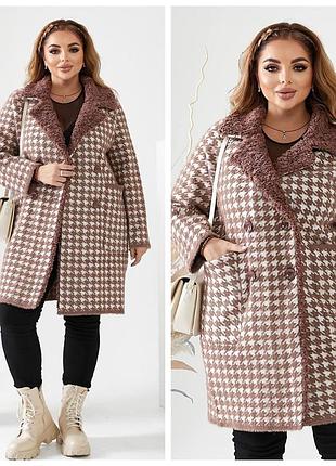 Осеннее женское пальто гусиная лапка из альпаки батал