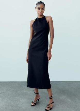 Элегантное черное платье с открытой спинкой и стразами от zara, размер m-s