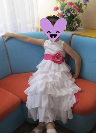 Красивое сияющее белоснежное платье для принцессы с цветком, на выпускной, праздничное, 122-128см