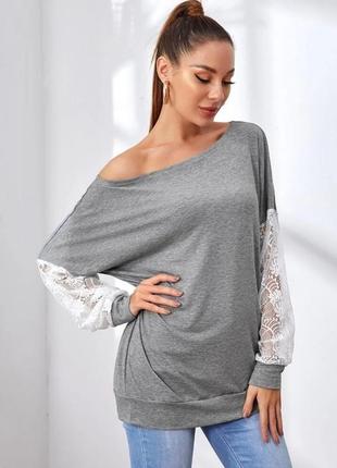 Shein. из англии. в наличии. свитшот оверсайз с кружевными рукавами.