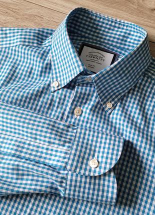 Charles tyrwhitt размер m-l 15.5/33 in 39/84 cm мужская рубашка slim fit в клетку белая голубая
