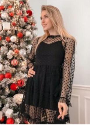 Черное платье мини в горошек xs s черное платье сеточка