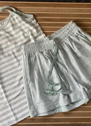 Натуральная батал трикотажная пижама в рубчик майка и шорты s-xl