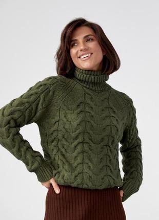 Жіночий светр із грубого в'язання в косичку — хакі колір, l (є розміри)