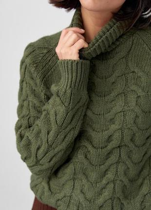 Женский свитер из крупной вязки в косичку - хаки цвет, l (есть размеры)4 фото