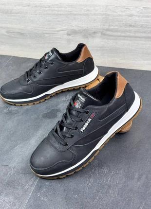 Кросівки чоловічі з логотипом reebok натуральна шкіра матова, кожаные мужские кроссовки черного цвета
