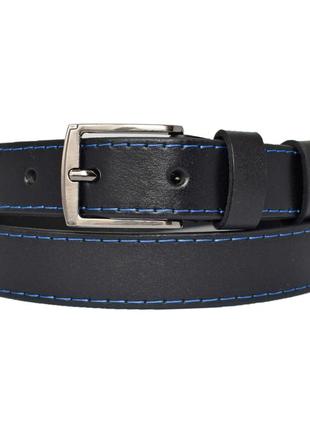 Кожаный подростковый ремень черный прошит с синей строчкой для парня подростка под...
