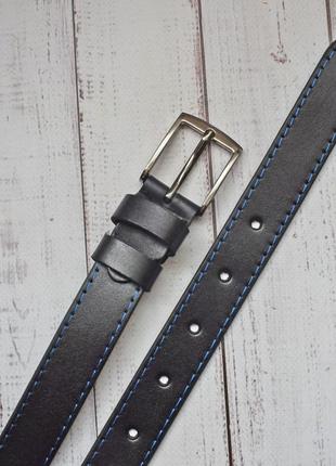 Кожаный подростковый ремень черный прошит с синей строчкой для парня подростка под...