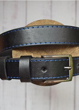 Кожаный подростковый ремень черный прошит с синей строчкой для парня подростка под...