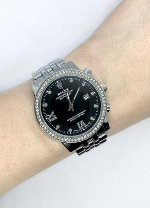 Часы женские наручные rolex (ролекс), серебряные с черным циферблатом ( код: ibw898sb )7 фото