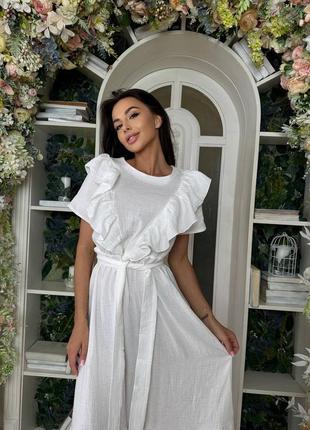 Платье женское из муслина, платье женское летнее, платье женское миди, платье женское с рюшем,