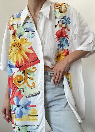 Винтажная рубашка цветы белая рубашка короткий рукав блузка цветочный принт рубашка винтаж блузка цветы блуза вискоза