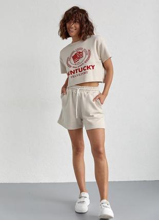 Женский спортивный комплект с шортами и футболкой - бежевый цвет, l (есть размеры)