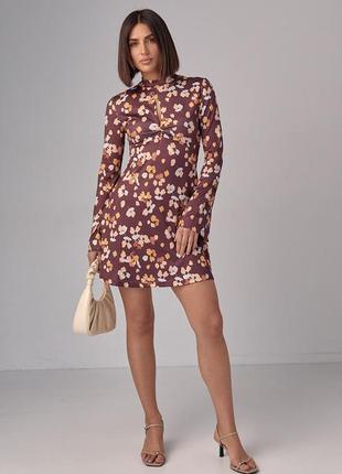 Платье мини расширенного силуэта с цветочным принтом top20ty - коричневый цвет, s (есть размеры)
