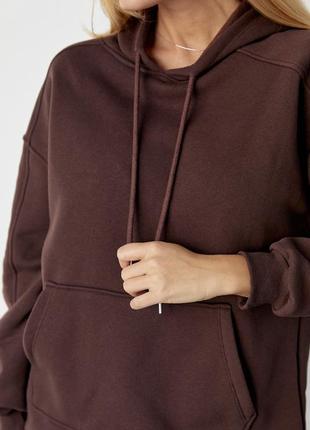 Утепленное женское худи с карманом-кенгуру - коричневый цвет, l (есть размеры)4 фото