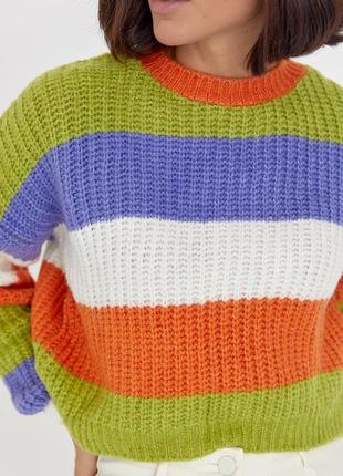 Укороченный вязаный свитер в цветную полоску - оранжевый цвет, l (есть размеры)4 фото