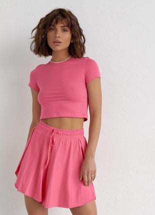 Трикотажный женский комплект с футболкой и шортами - розовый цвет, l/xl (есть размеры)7 фото