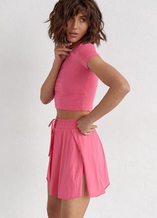 Трикотажный женский комплект с футболкой и шортами - розовый цвет, l/xl (есть размеры)5 фото