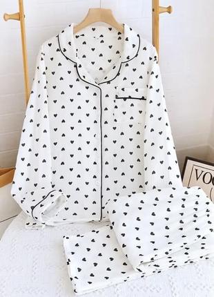 Муслиновая пижама с сердечками, комплект для сна штаны и рубашка муслин5 фото