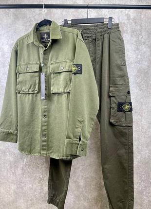 Хаки костюм мужская рубашка шорты в стиле stone island