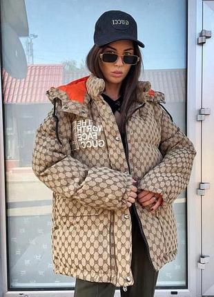 Качественный зимний женский пуховик tnf x gucci пуховик на зиму бежевый женский пуховик укороченный зимняя женская куртка the north face пуховик