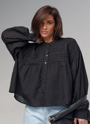 Хлопковая блузка на пуговицах расширенного фасона - черный цвет, l (есть размеры)