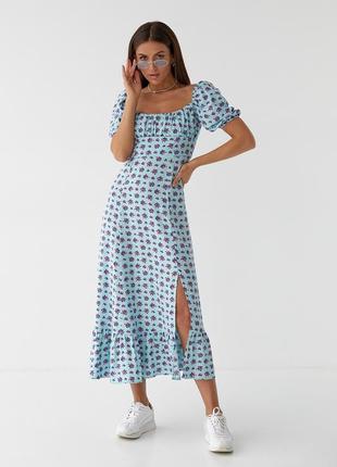 Довге квіткове плаття з оборкою hot fashion — бірюзовий колір, m (є розміри)7 фото