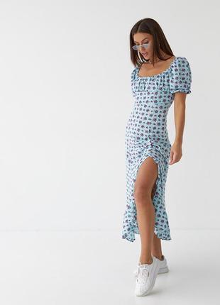 Довге квіткове плаття з оборкою hot fashion — бірюзовий колір, m (є розміри)5 фото