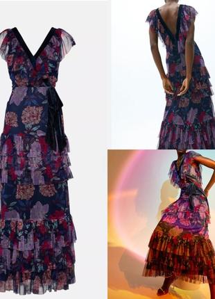 Нарядна вечірня ярусна максі квіткова сукня з оборками плаття органза1 фото