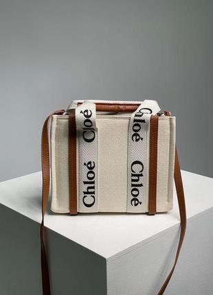 Сумочка chloé small woody tote bag beige/brown маленька текстильна сумка.