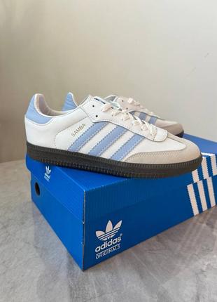 Adidas samba white blue женские кроссовки кеды адидас самба белые с голубыми полосками
