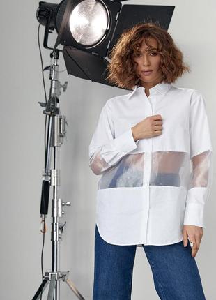 Удлиненная женская рубашка с прозрачными вставками - белый цвет, m (есть размеры)6 фото